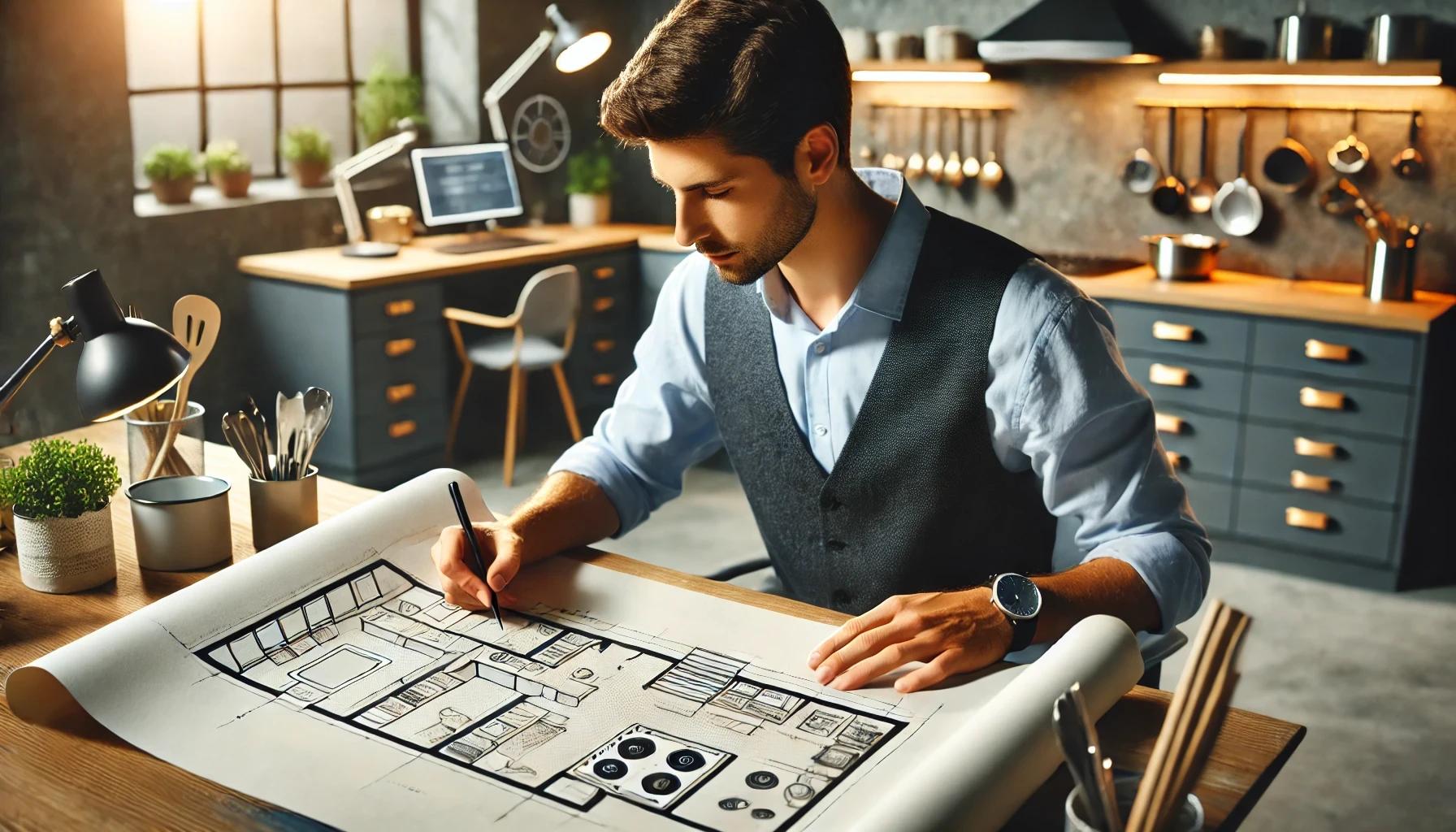 Persona diseñando una cocina profesional