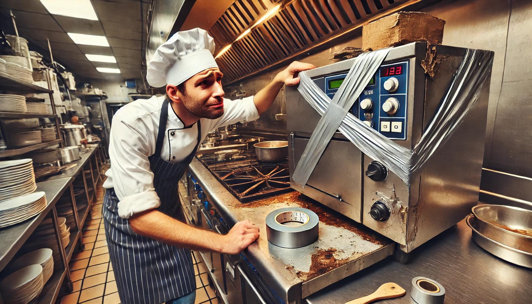 Chef frustrado en una cocina industrial observando una máquina averiada, sujeta con cinta adhesiva. La escena refleja la necesidad urgente de renovar equipos en un entorno profesional. Comprar maquinaria de hostelería adecuada es clave para evitar fallos y garantizar un servicio eficiente.