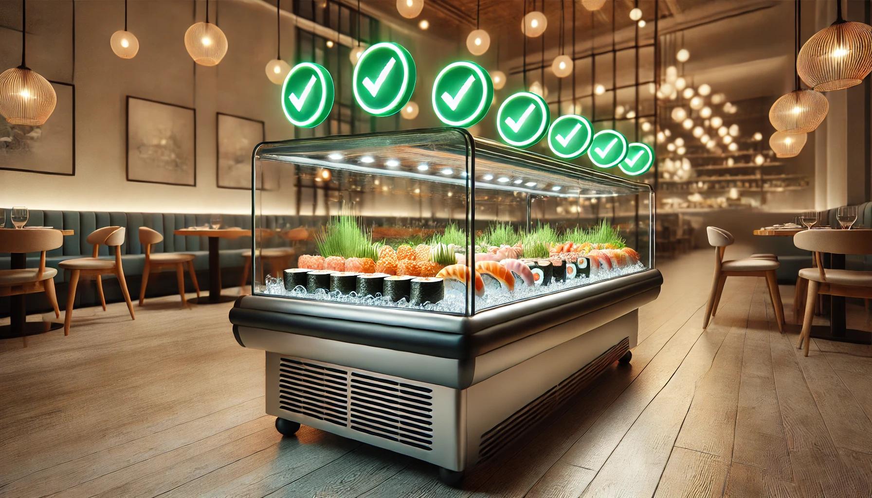 Vitrina refrigerada exhibiendo sushi en un restaurante moderno, con iconos de verificación que destacan la frescura y calidad del producto; ideal para destacar el uso de vitrinas refrigeradas en hostelería.