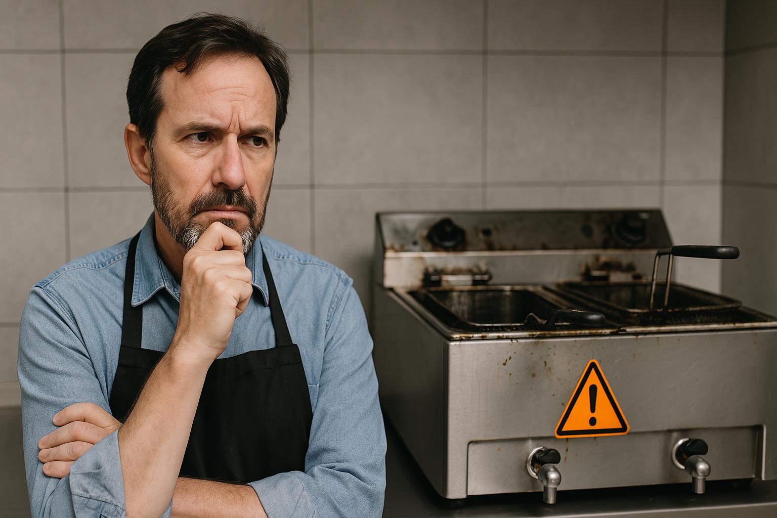 Dueño de restaurante pensativo frente a una freidora industrial averiada con señal de advertencia en una cocina profesional.