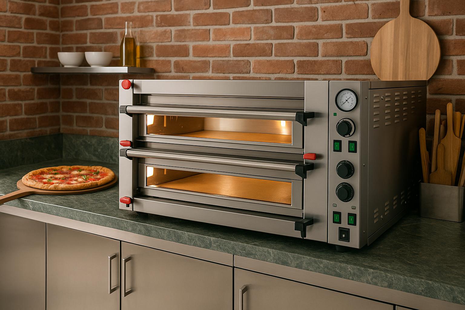 Horno para pizzería profesional de doble cámara con controles mecánicos y manómetros, instalado en una cocina equipada con encimera de acero y decoración de ladrillo visto.